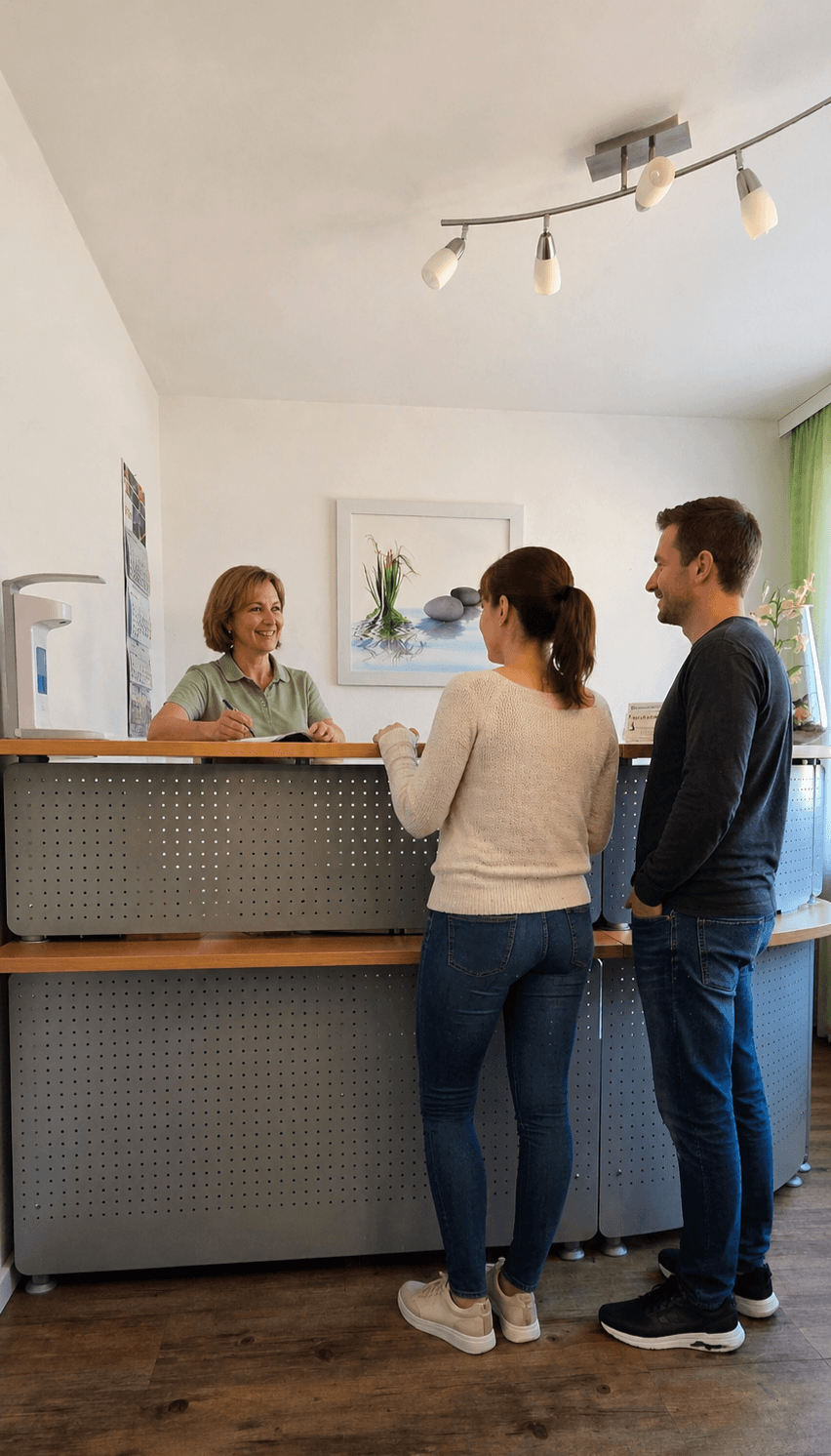 Empfangstresen: Team begrüßt Patientinnen und Patienten – Physiotherapie Saglam